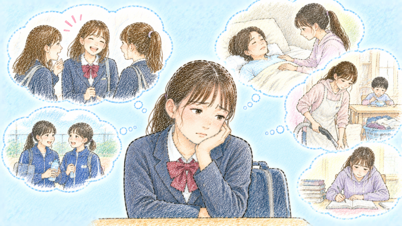 お母様が体調を崩されてから、家事や下の兄弟のお世話を、学校に通いながら一人で担っている